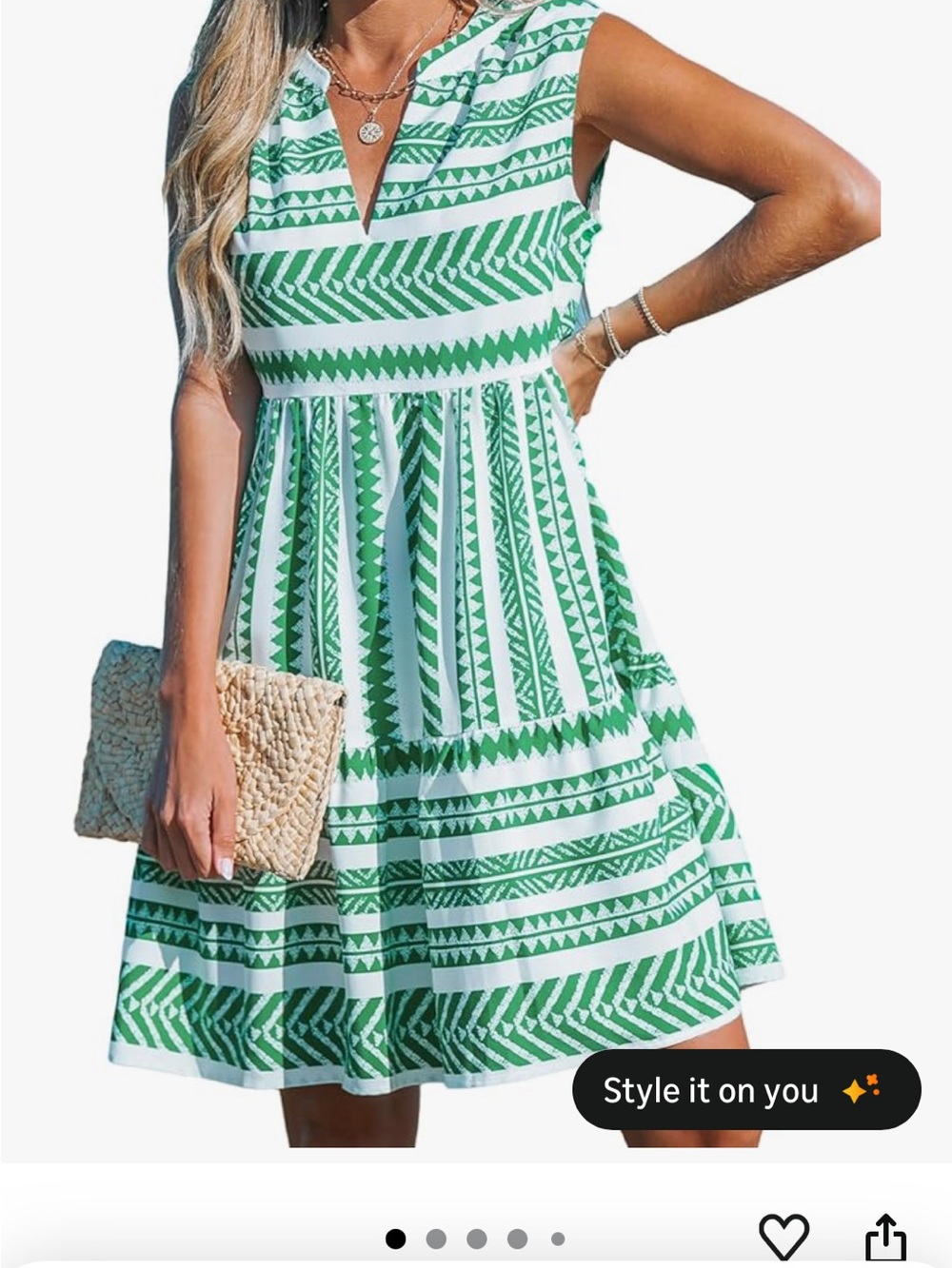 Cupshe Green & White Printed V-Notch Sleeveless Mini Dress